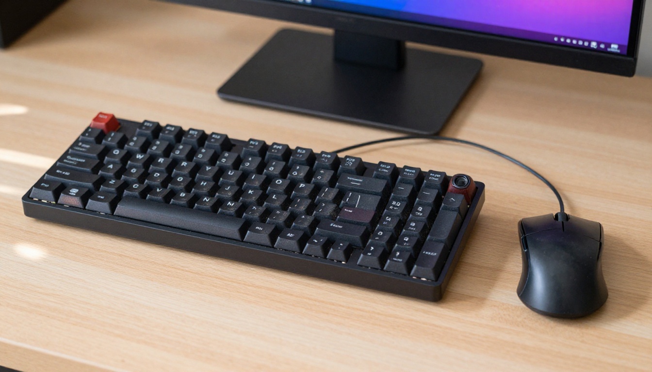 Close-up low-angle shot of mechanical keyboard and mouse on a pale oak desk with morning light