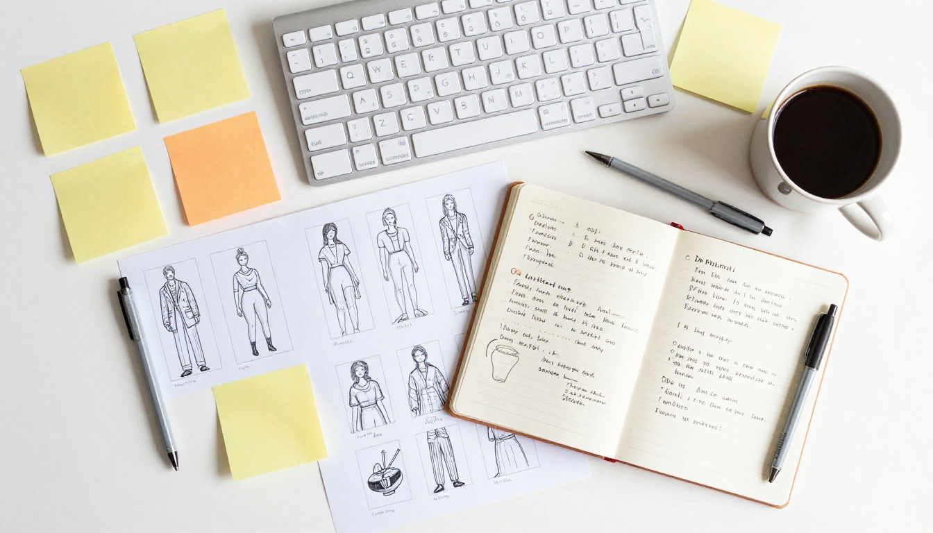 Aerial flat lay of creative studio desk with printed references, keyboard, and open notebook