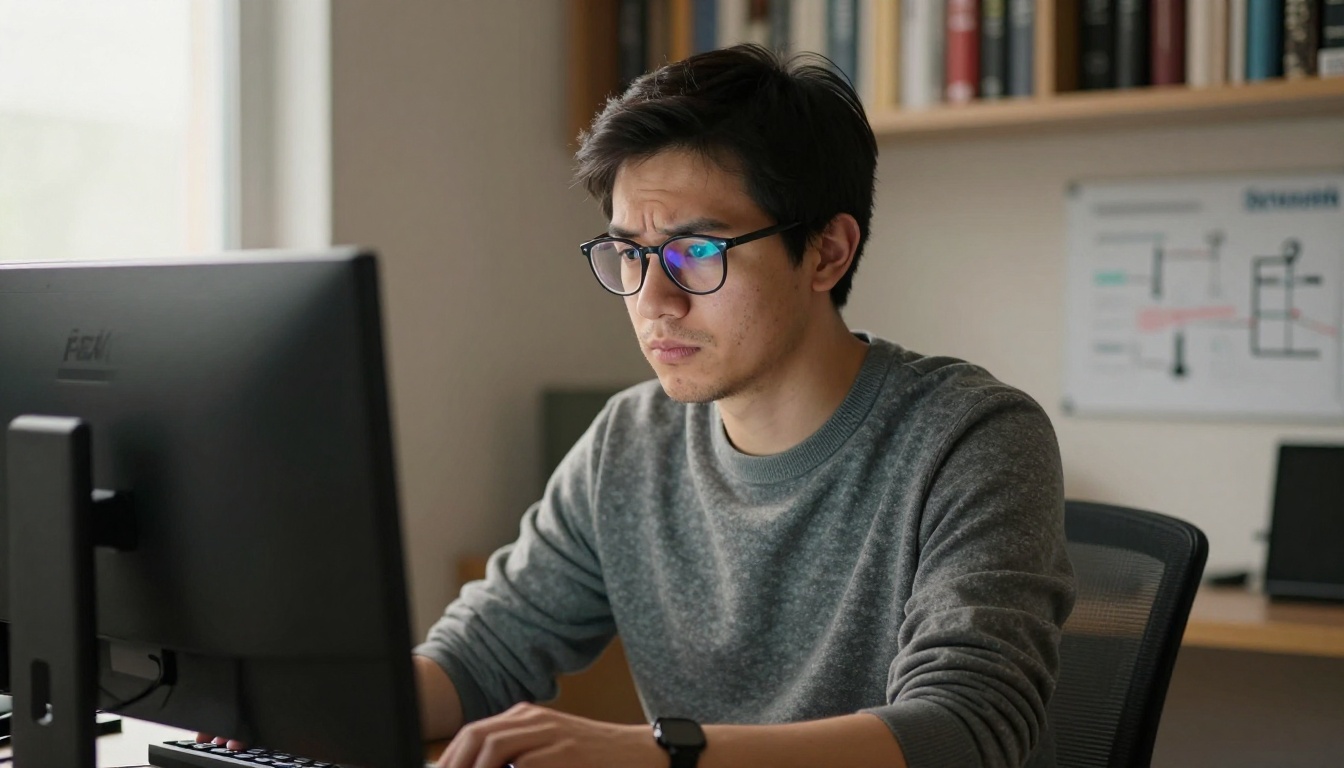 Male game developer in grey sweater focused on monitor with blurred bookshelf in background