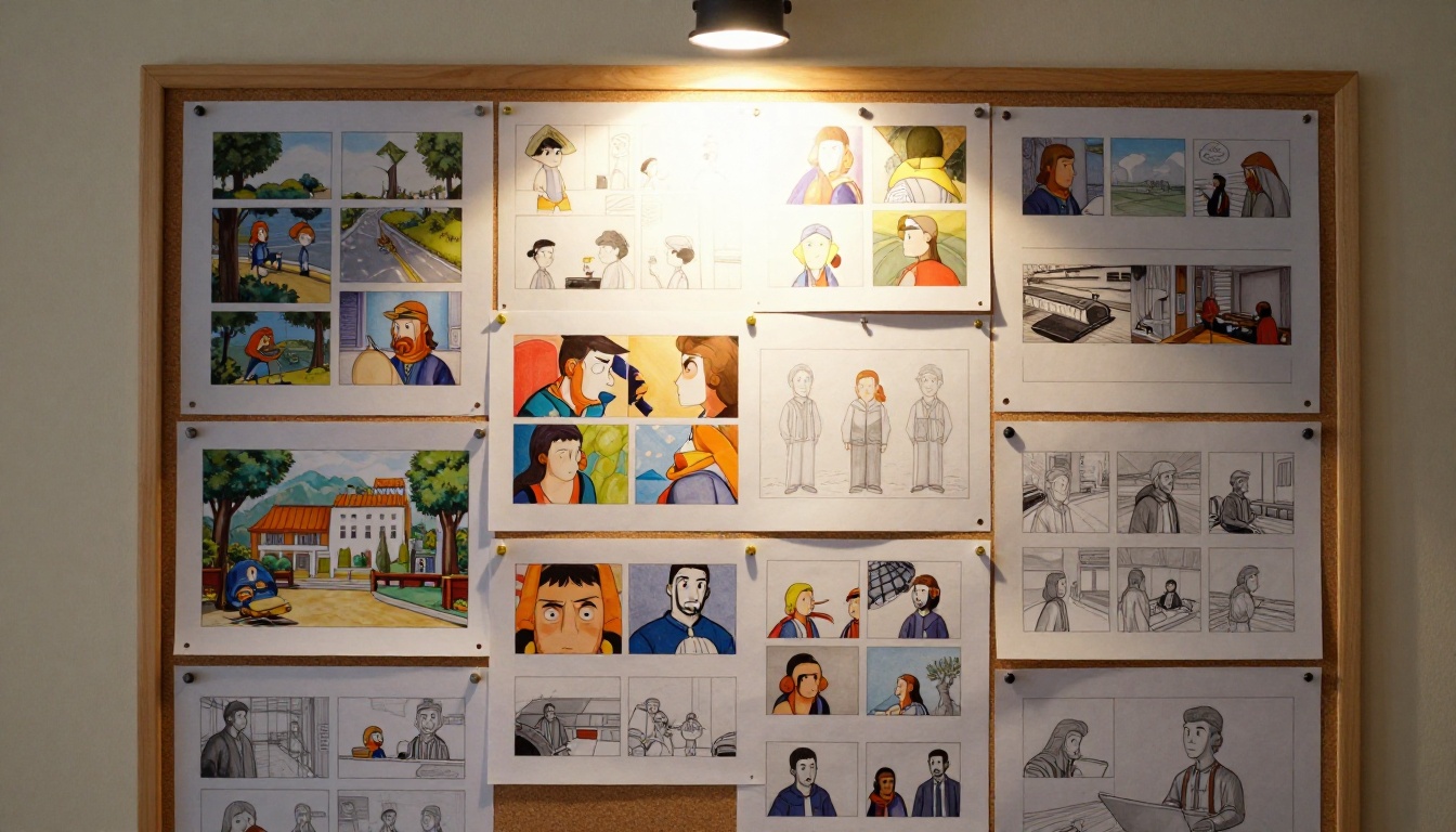 Colorful printed storyboard sheets and concept art pinned to a cork board