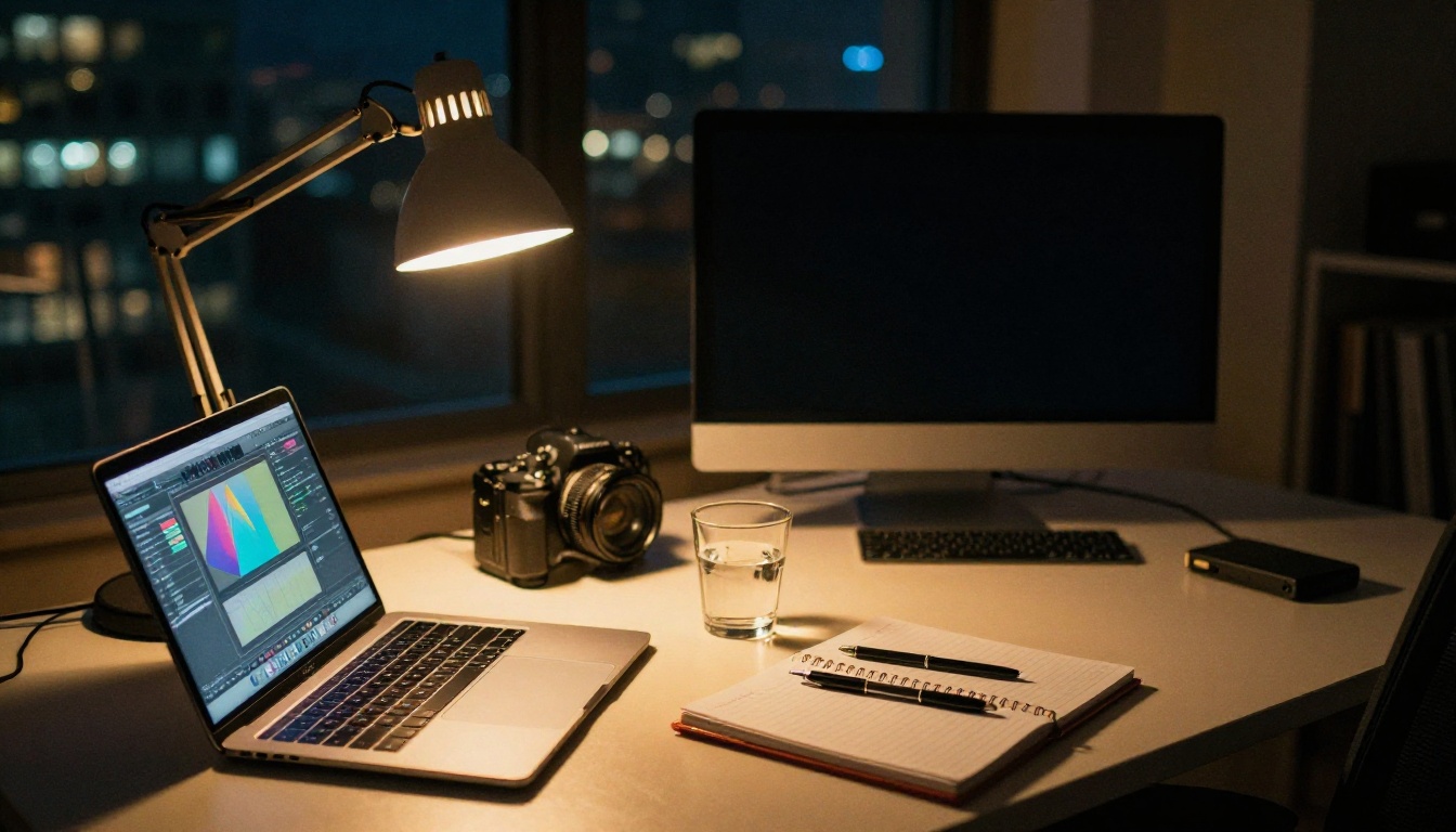 Game development studio desk at night with warm amber desk lamp and open laptop
