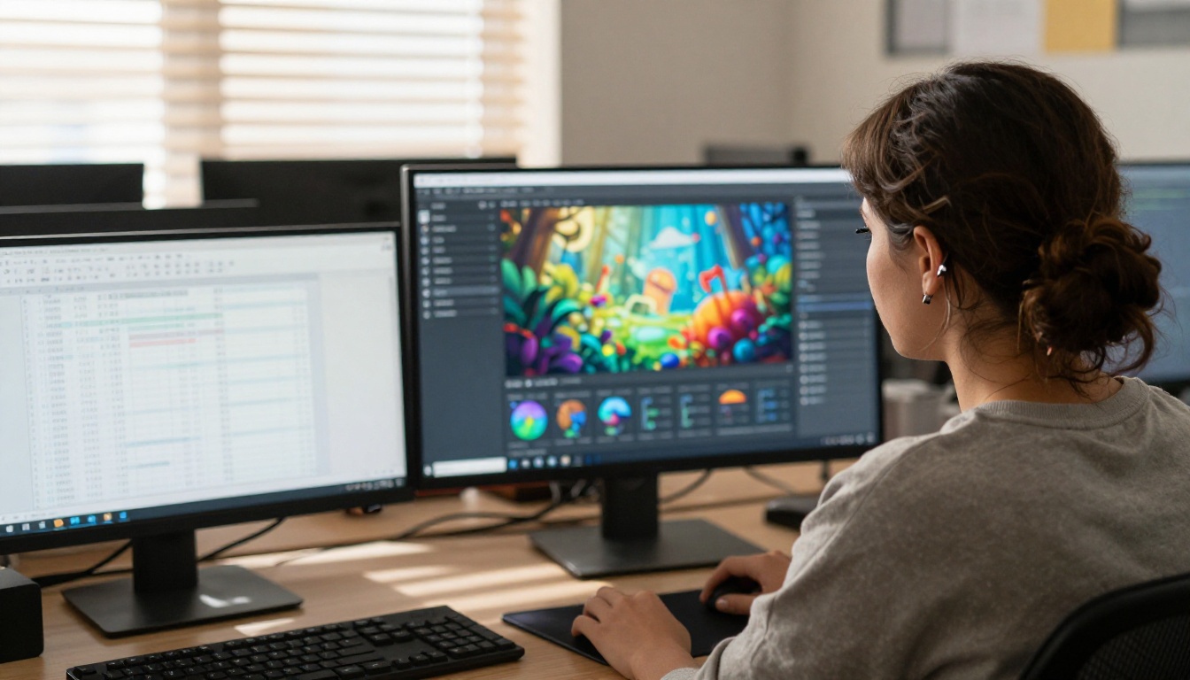 Female game developer reviewing AI image generation software at her workstation