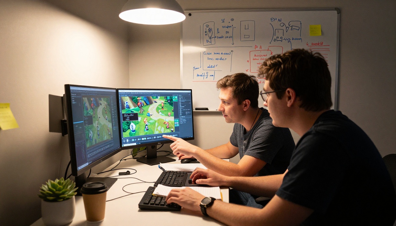 Two game developers collaborating at a shared corner workstation with dual monitors