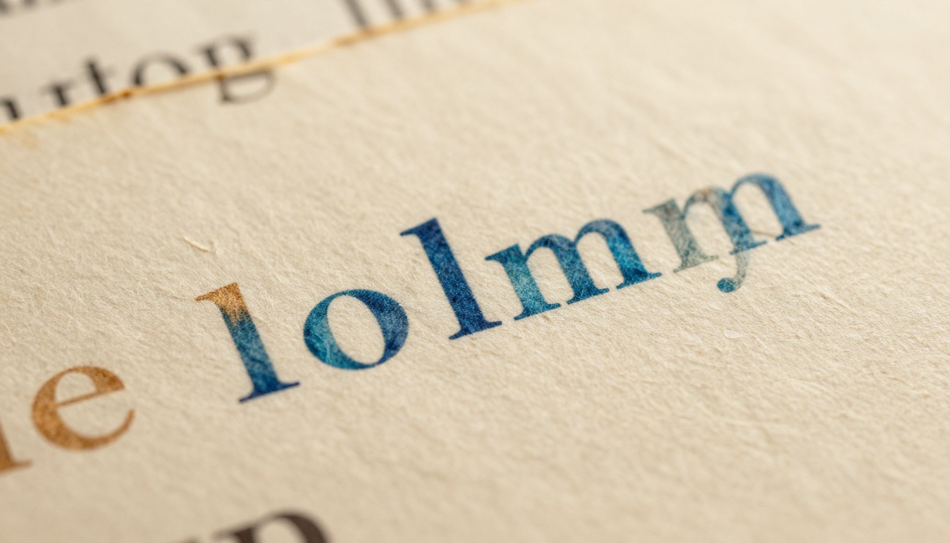 Close-up macro photograph of printed words on cream paper with amber and blue translucent highlights and micro-shadow letterforms