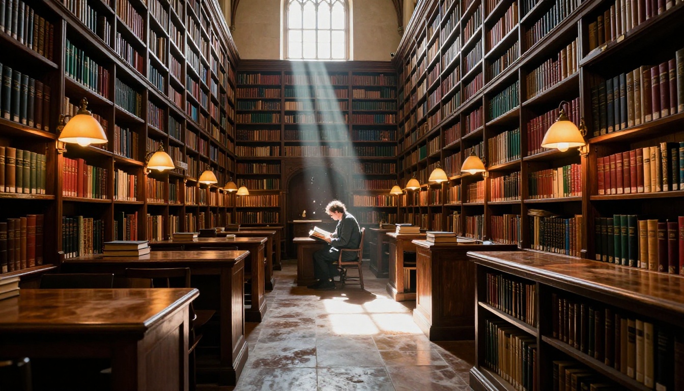 Vast university library with towering bookshelves, warm amber lamps, and a solitary scholar reading at a mahogany table