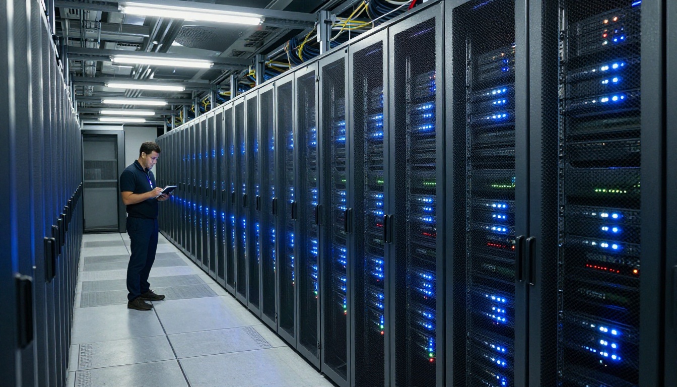 Data center corridor with rows of server racks, blue LED indicator lights, and a technician at the far end reviewing a tablet