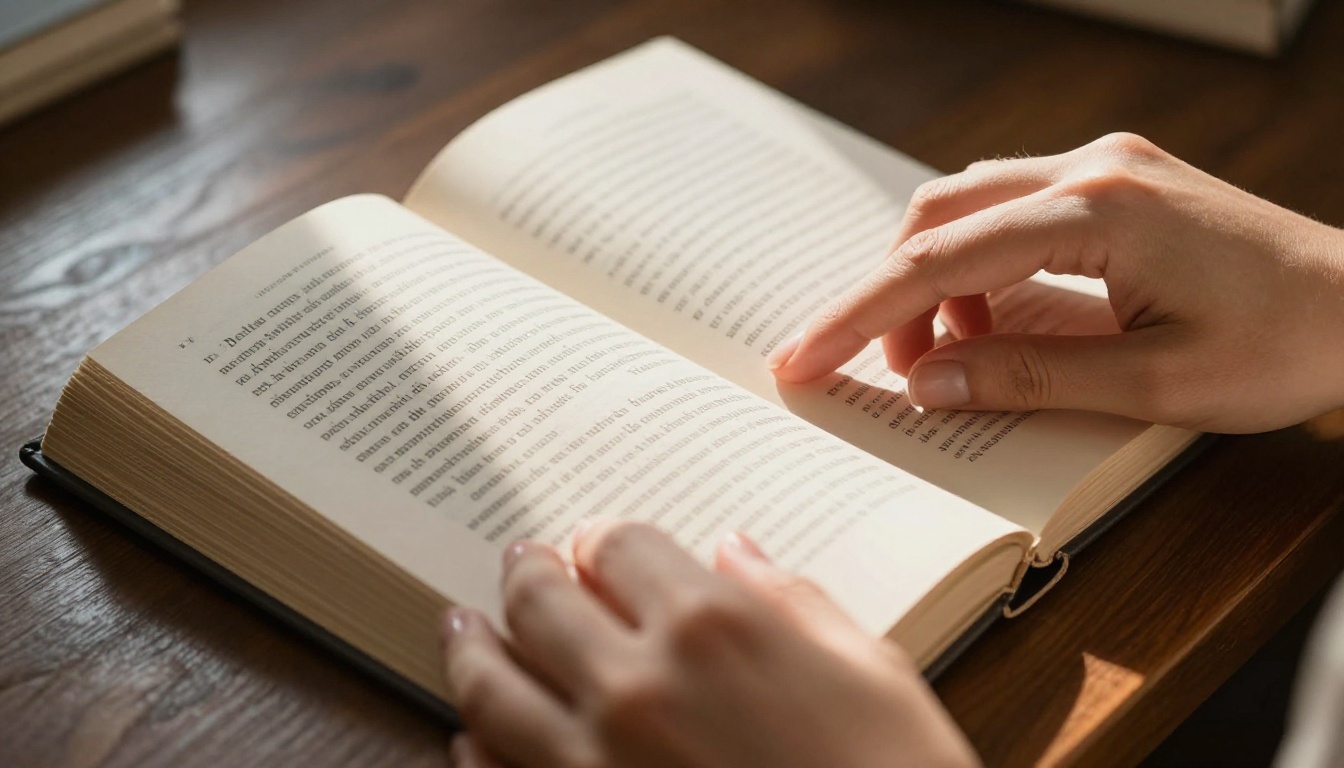 Woman's hands turning a thick book page on a warm dark oak desk in soft window light