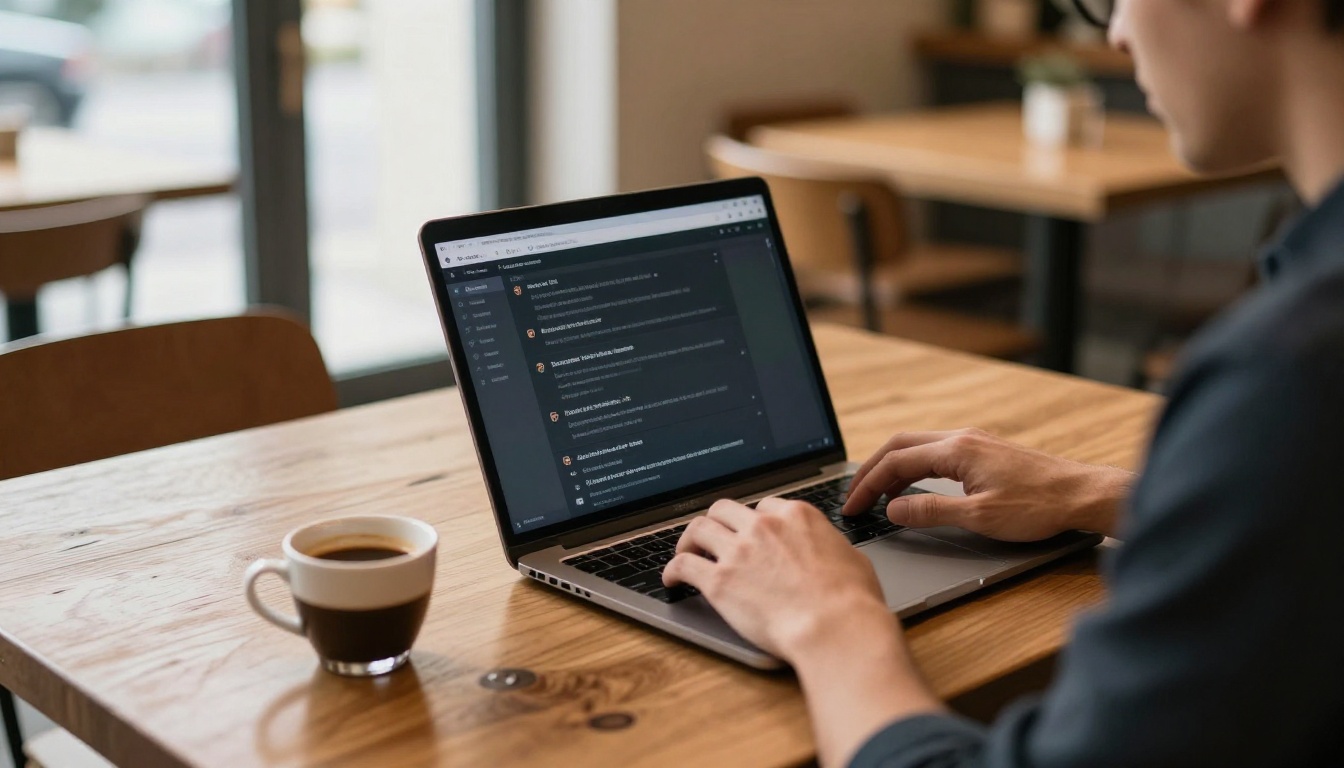 Man over-the-shoulder view using a sleek laptop with dark-mode chat interface at a wooden coffee shop table