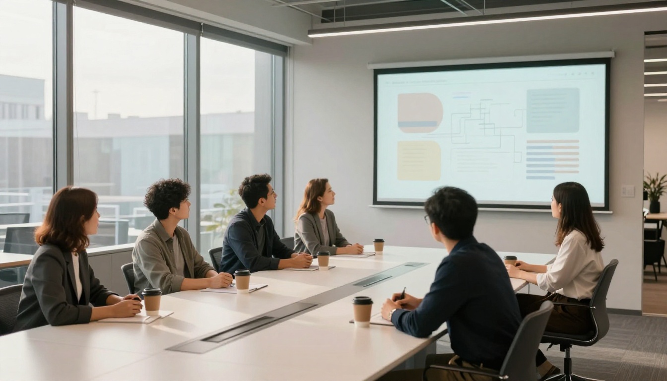 Modern tech company meeting room with five professionals around a white table and a soft presentation screen with abstract diagrams