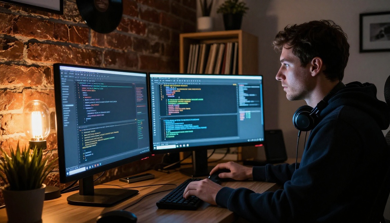 Developer in a dark hoodie at a standing desk in a dimly lit home office with multiple monitors, exposed brick walls, and warm tungsten accent light