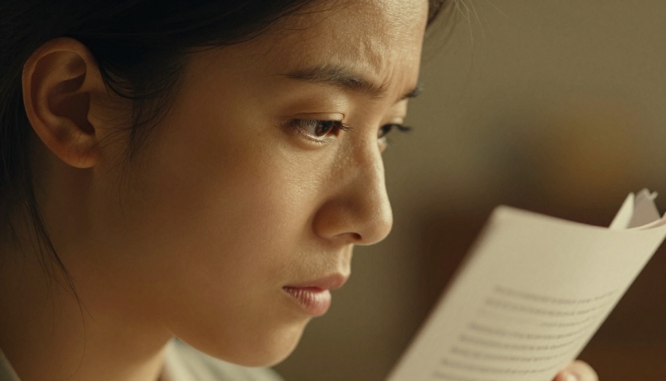 Thoughtful woman in profile holding a printed document close to her face, warm golden light from upper-left catching fine skin and paper texture