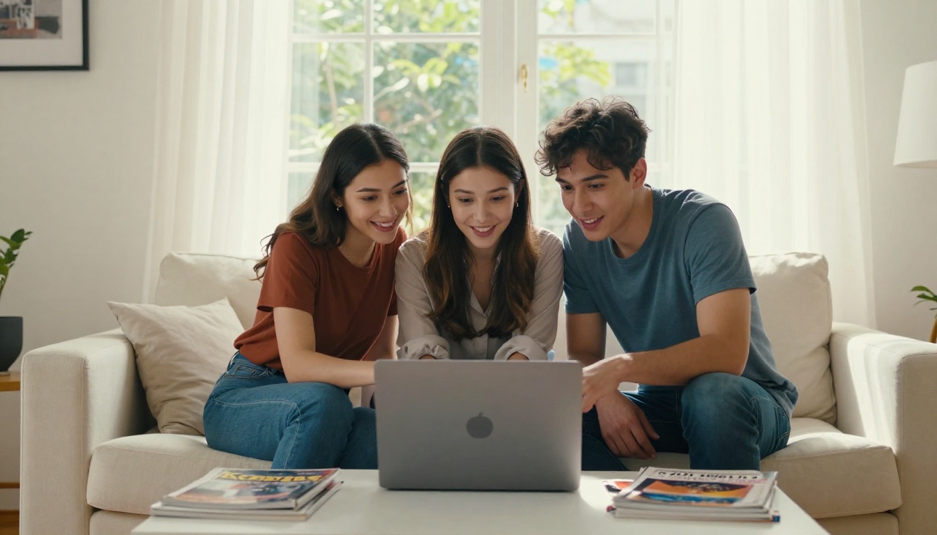 Three young friends sitting on a bright cream sofa sharing a laptop with genuine expressions of delight, warm afternoon light from large windows