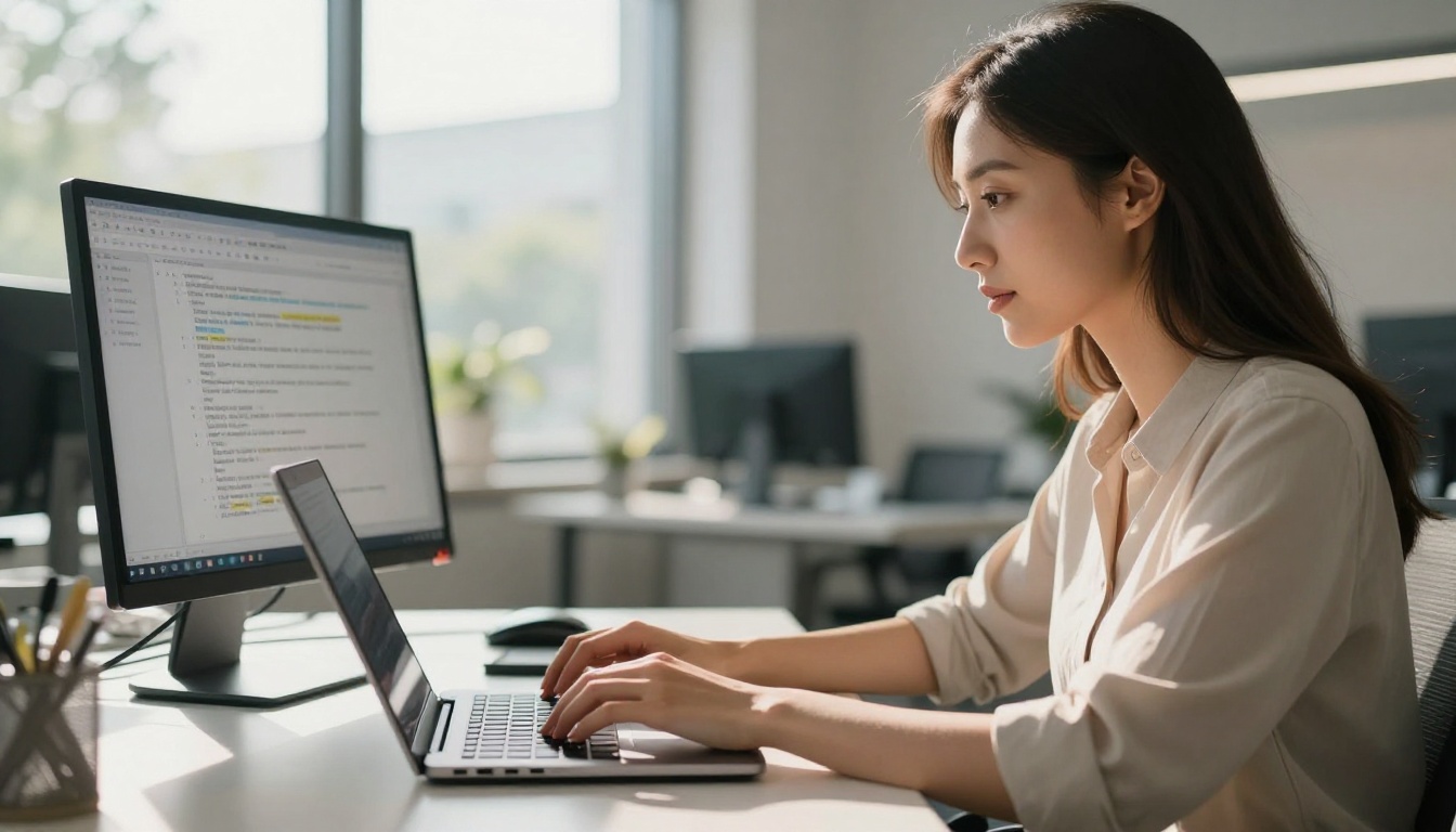 A professional cinematographer at her workstation analyzing AI-generated video frames on multiple monitors with code scrolling in the background