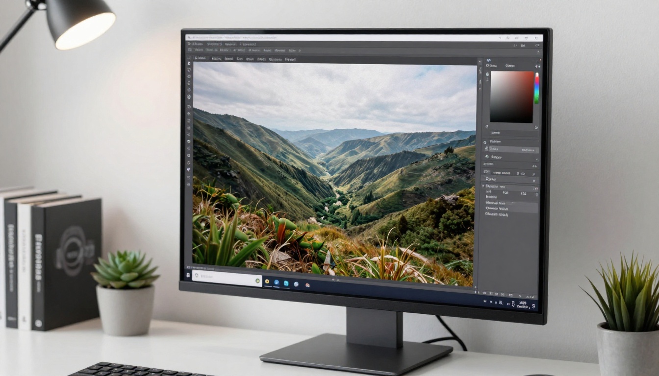 A monitor in a bright creative studio displaying a photorealistic landscape gradually materializing from noise, representing the diffusion denoising process