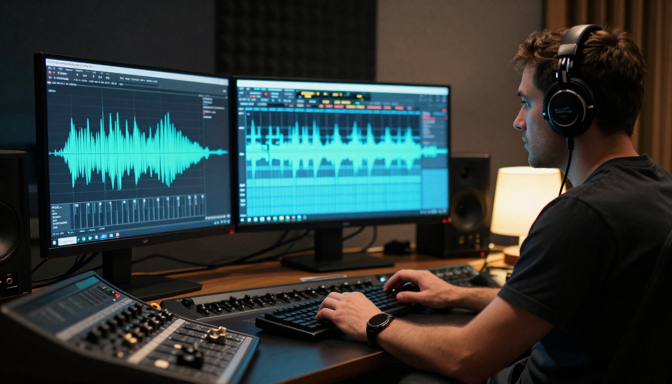 Audio engineer syncing foreign film in professional recording studio