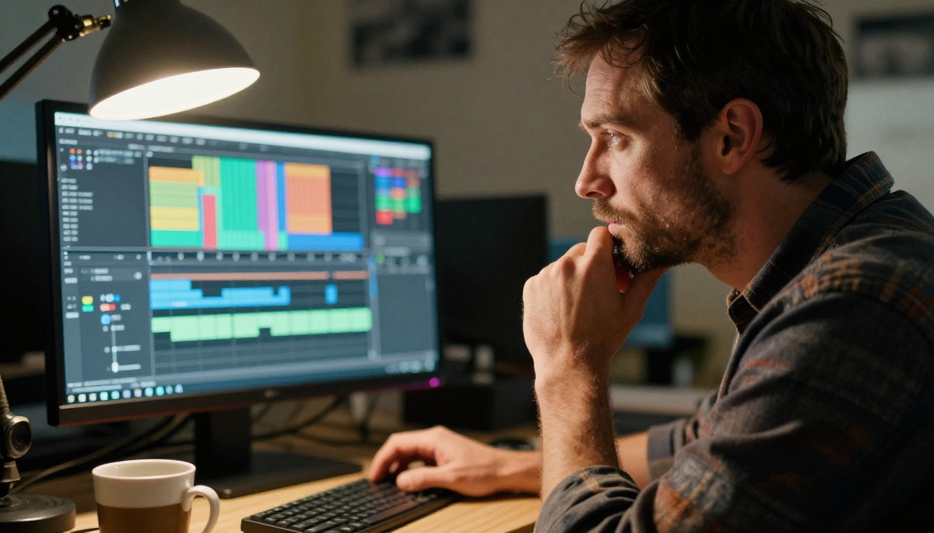 A film editor reviewing a video timeline on a professional editing suite monitor, focused intently on frame-by-frame consistency