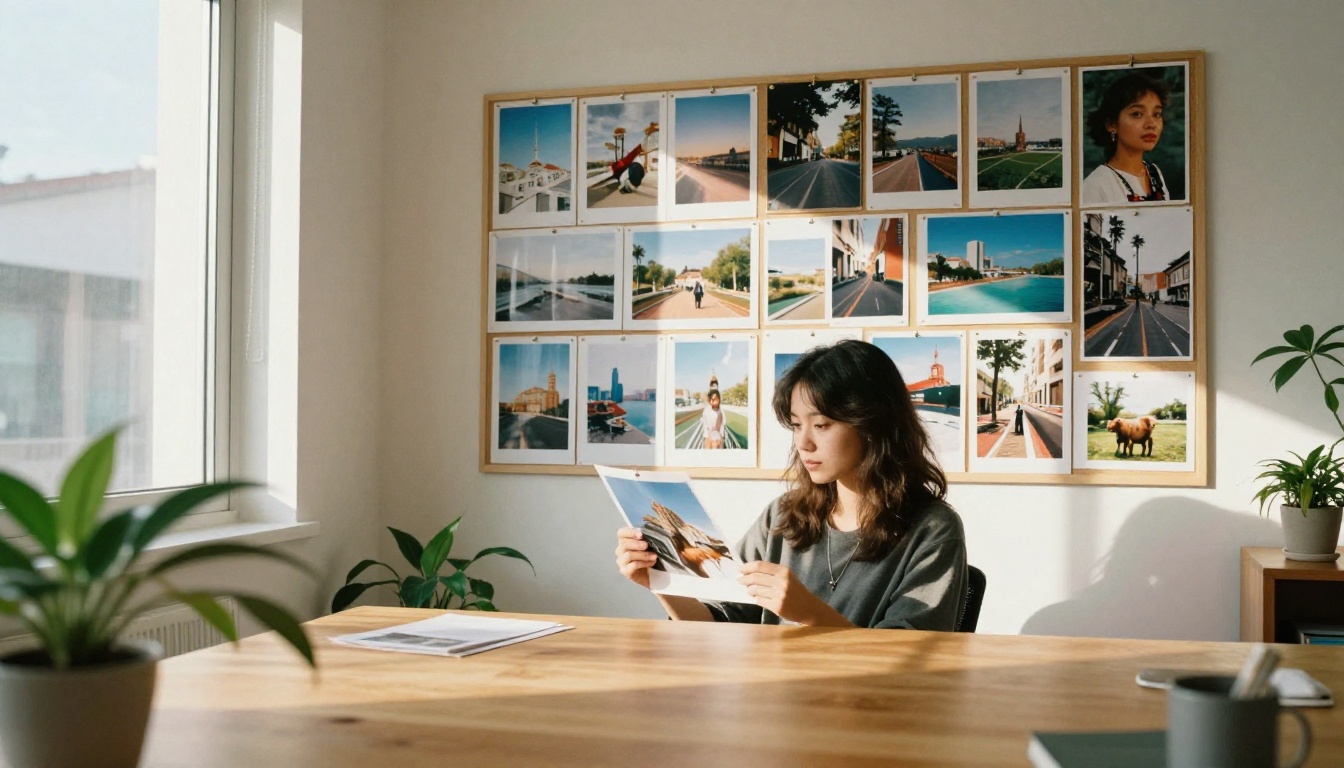 Woman reviewing printed photographs on corkboard Woman reviewing printed photographs on corkboard