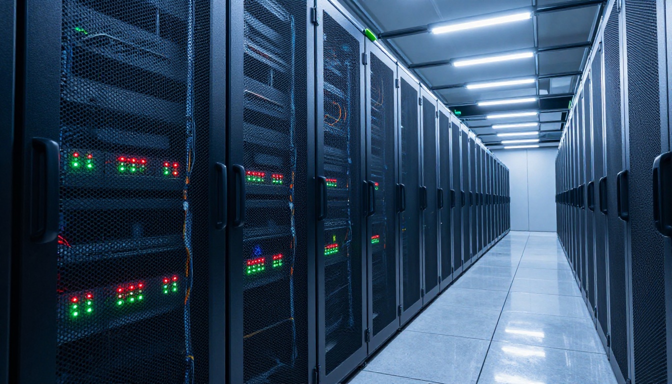 A long row of server racks in a modern data center with cool blue overhead lighting, representing the massive infrastructure behind AI video model training