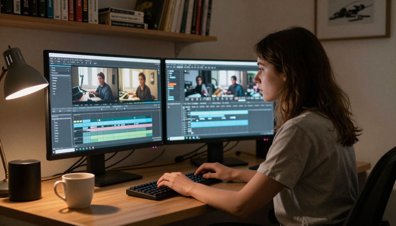 Female filmmaker working on video editing timeline in home office
