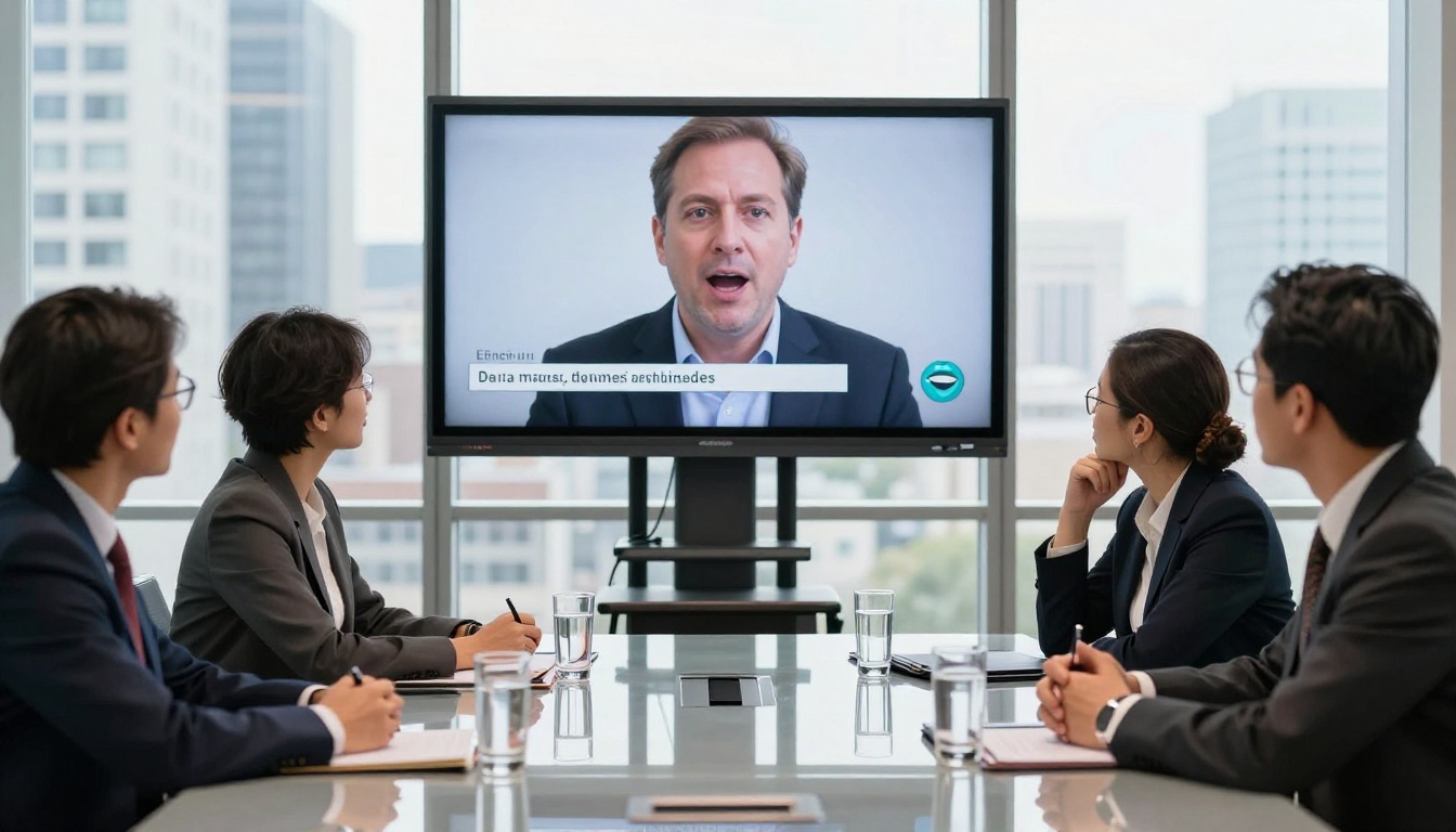 Diverse business team watching translated video on conference room display