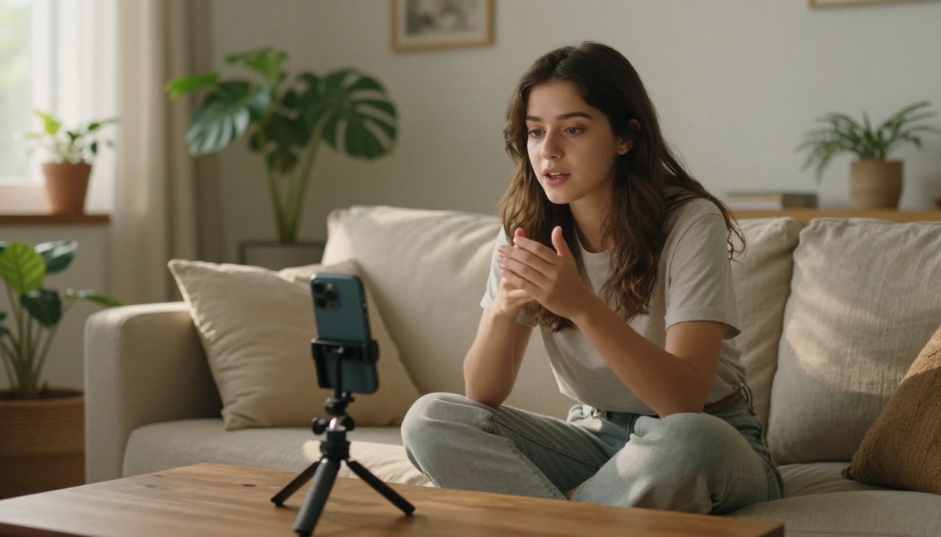 Young woman recording social media content on couch with ring light