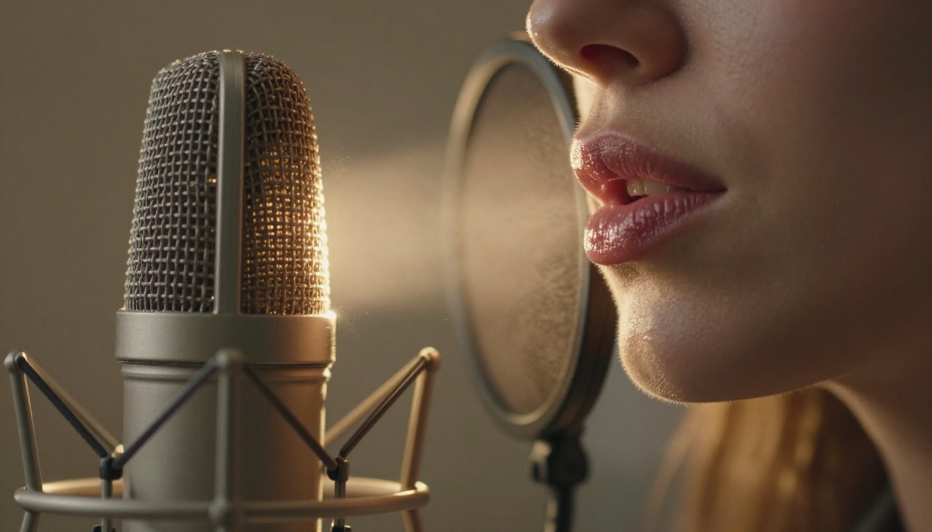 Close-up of professional condenser microphone with woman's lips nearby