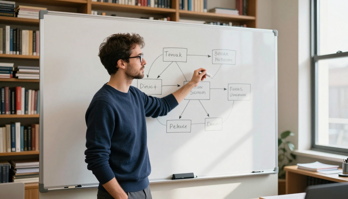 A researcher at a whiteboard pointing to an architectural flow diagram, illustrating the different model approaches powering modern AI video generation