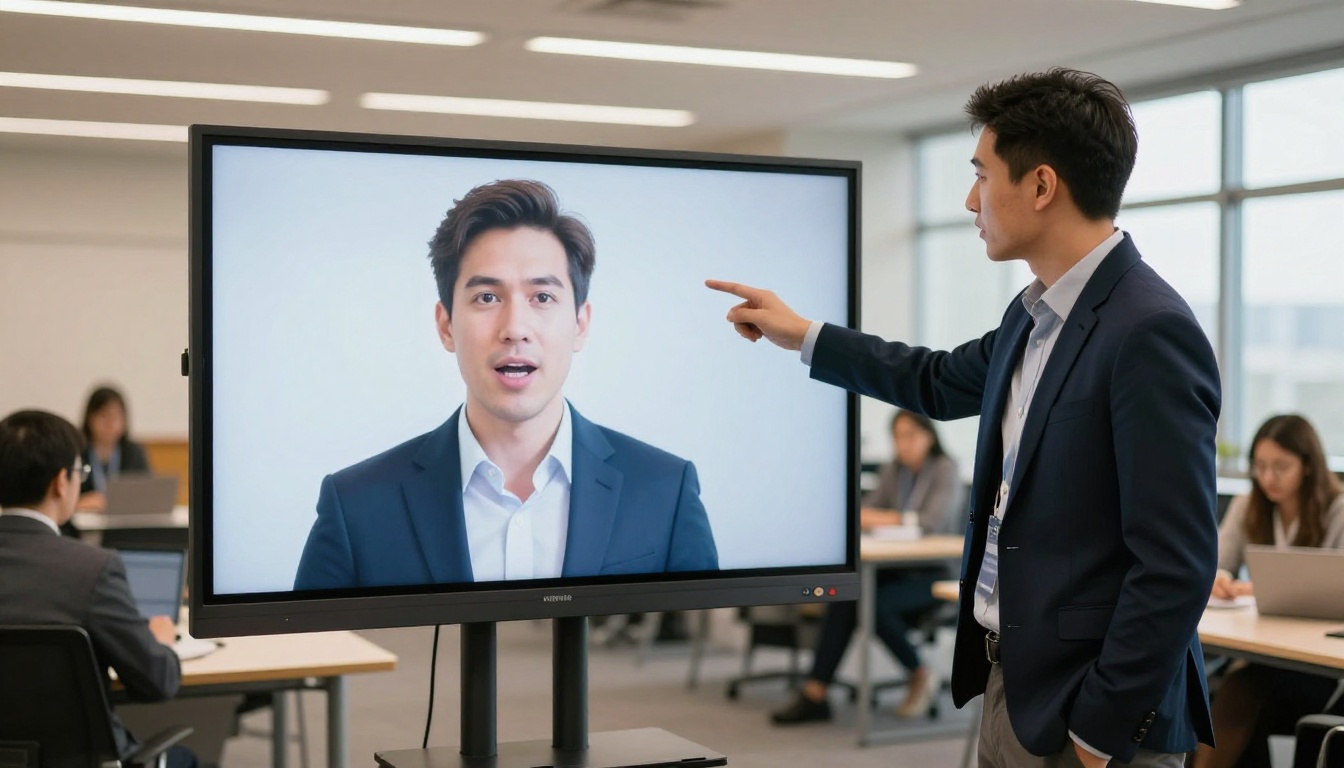 HR manager standing beside corporate training screen with talking avatar