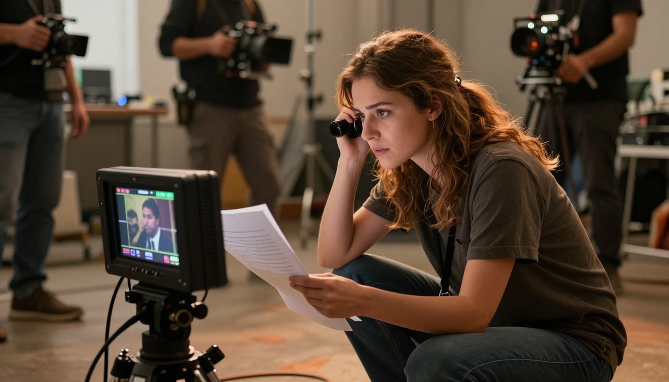 Female film director reviewing footage on camera monitor on set