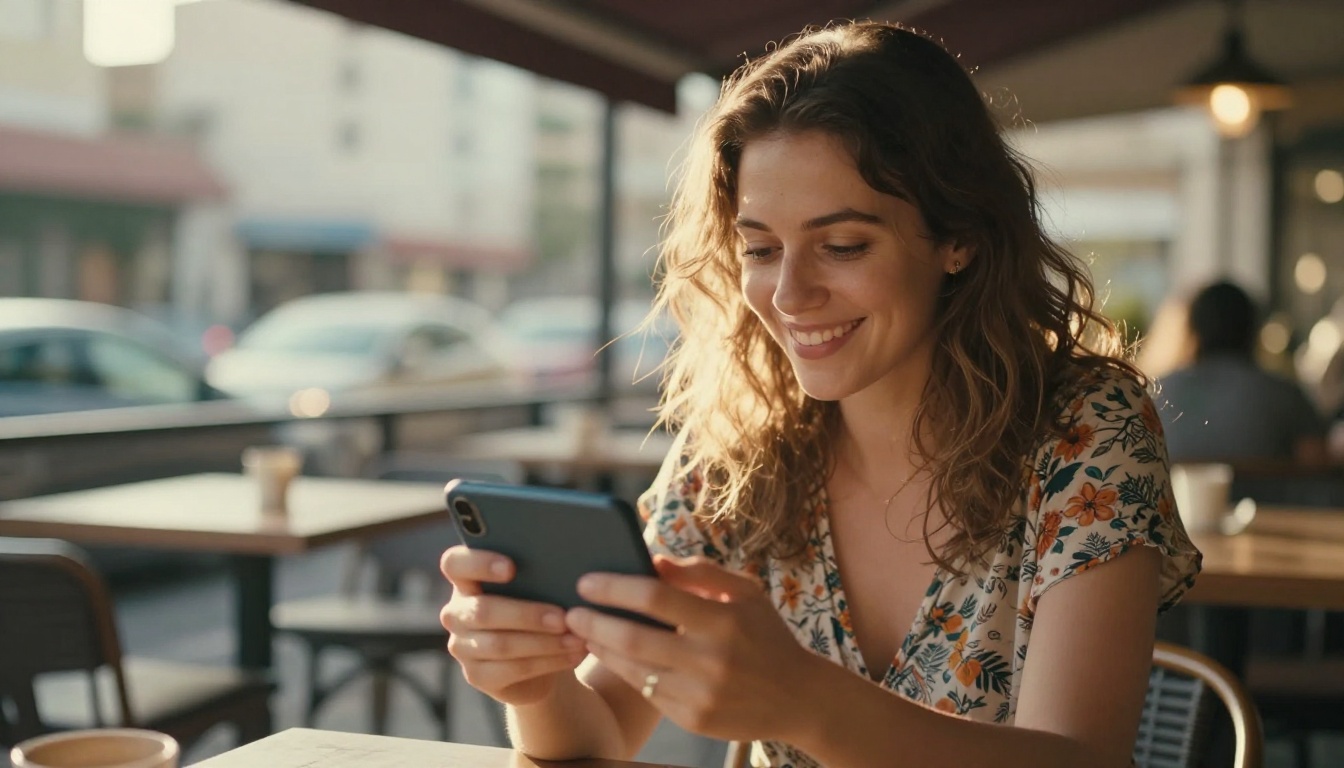 A woman watching an AI-generated video on her smartphone at a terrace cafe, golden hour light wrapping warmly around her from behind