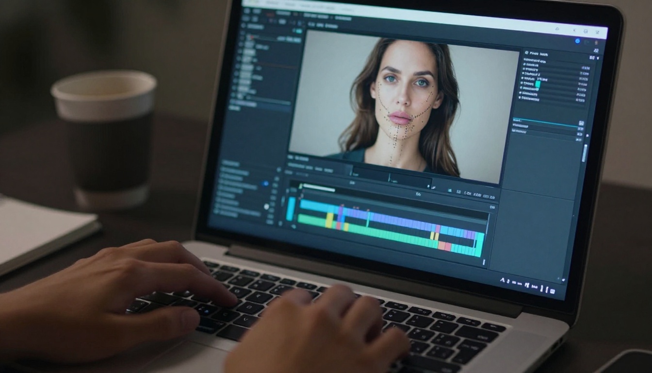 Laptop screen showing video editing software with facial tracking points on a woman's face