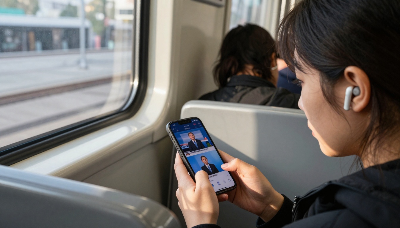 Young woman on subway watching dubbed video on smartphone with earbuds