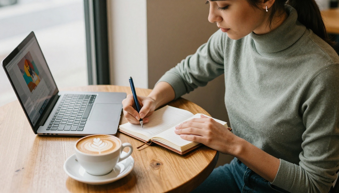 A young creative professional writing detailed notes in a leather journal at a coffee shop, an open laptop displaying a colorful interface beside her