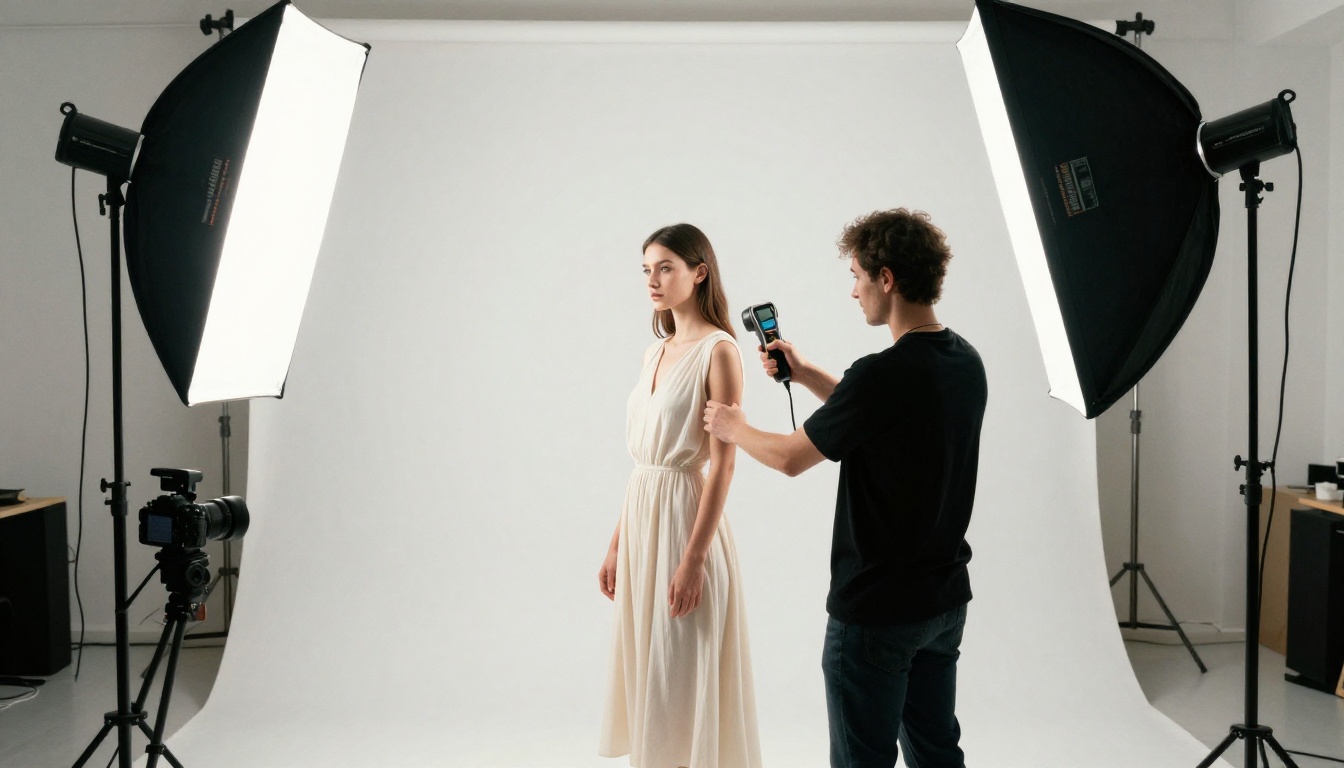 Photographer directing studio model Photographer directing studio model