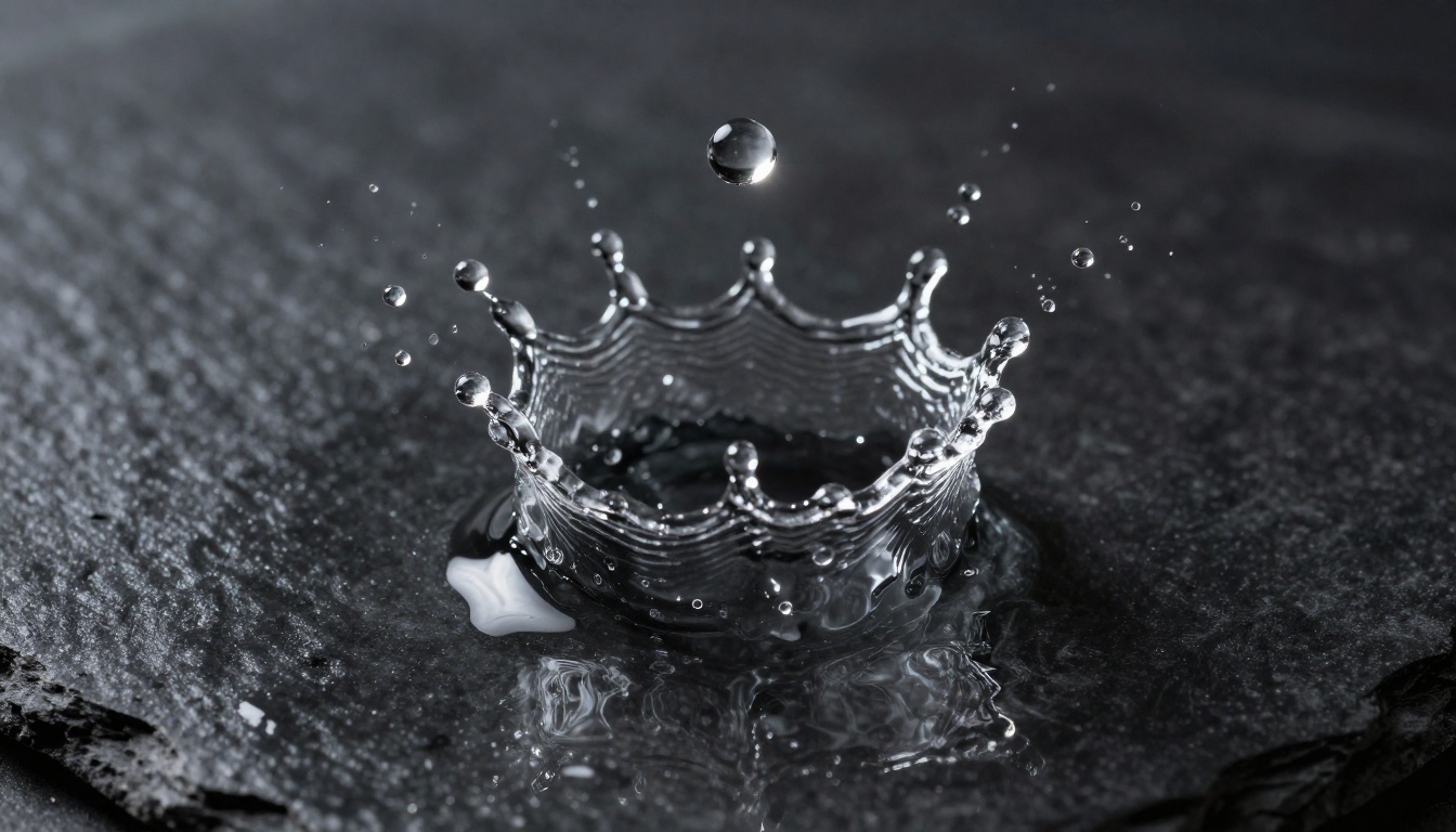 A single water drop captured at peak impact in perfect macro detail, a symmetrical crown of droplets radiating outward against a dark slate surface