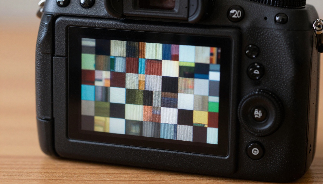 Pixelated camera screen showing low-resolution image