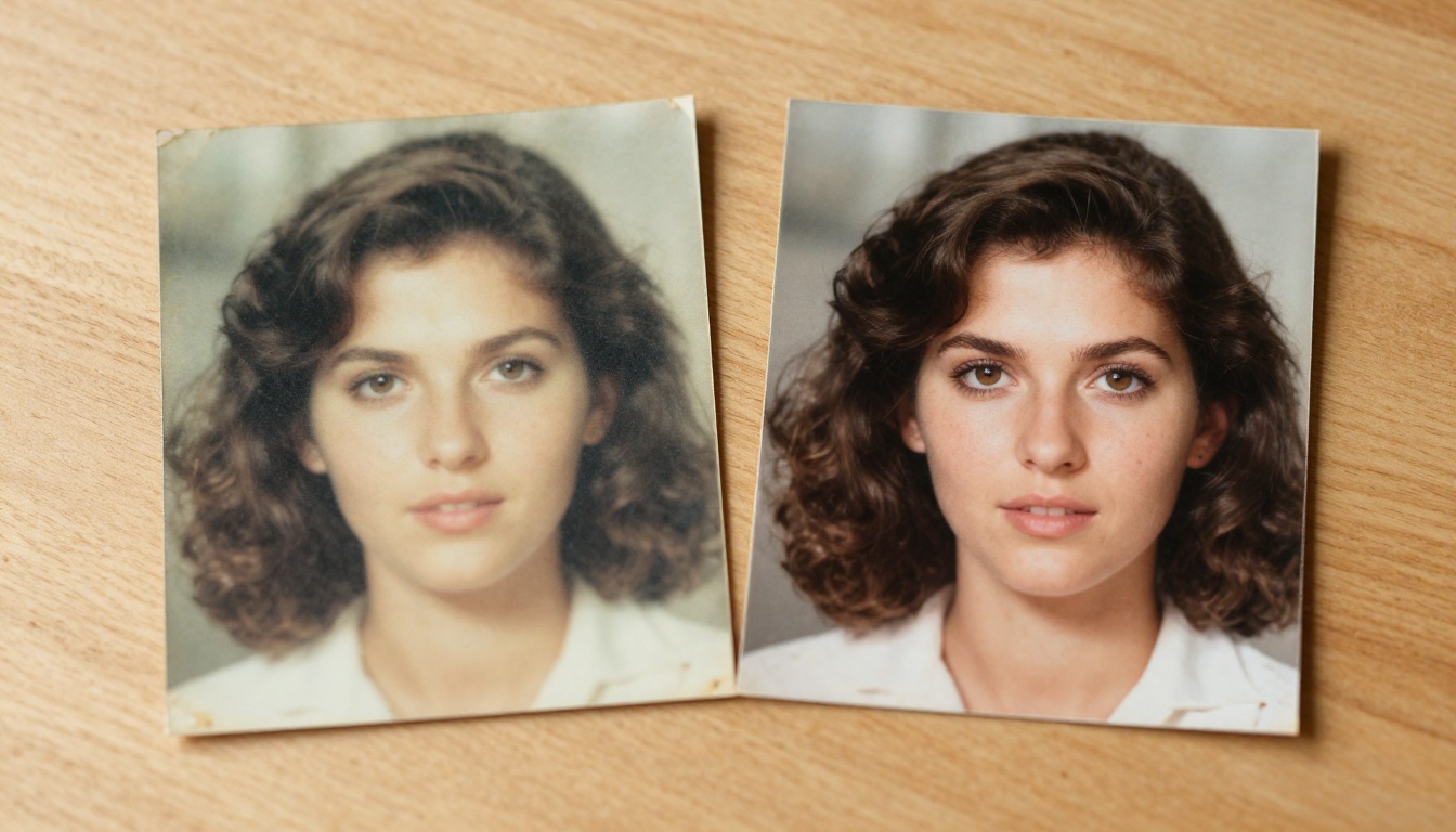 Old damaged photograph restored with AI split comparison