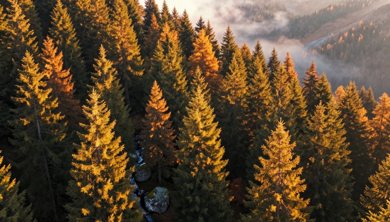 Aerial view of mountain forest with crisp individual tree detail