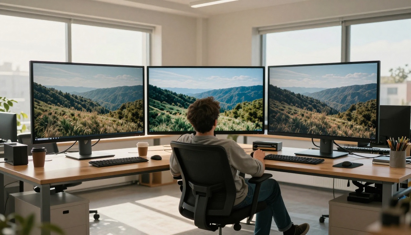 Man comparing image quality across three monitors