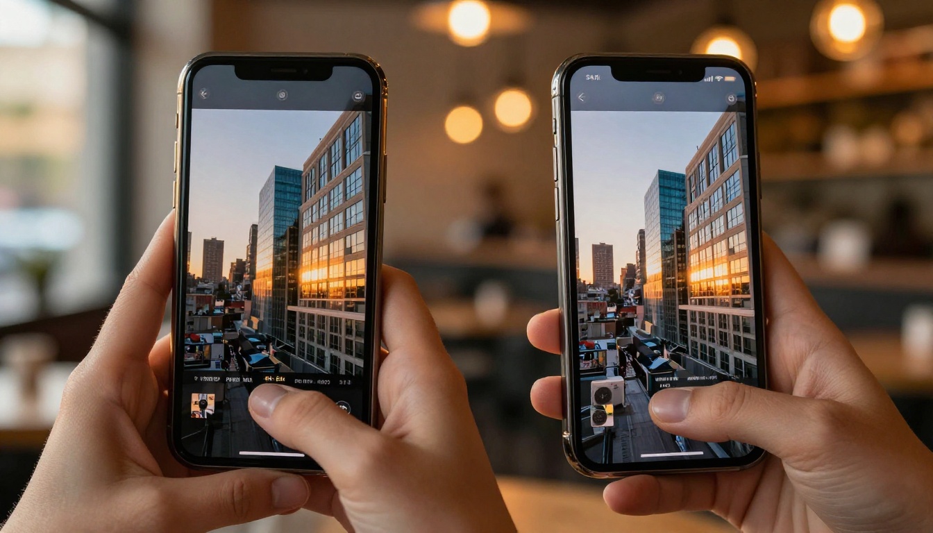 Two smartphones side by side comparing blurry and sharp cityscape photos