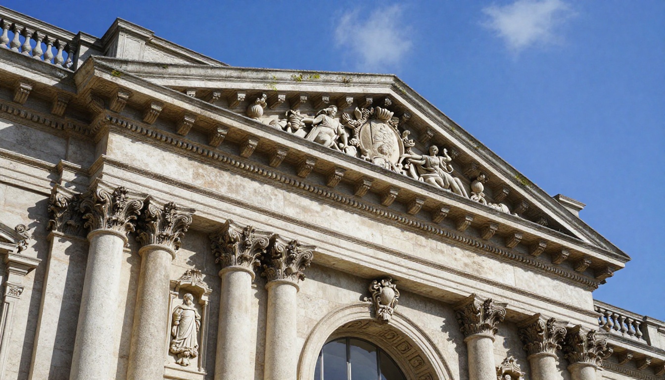Classical European baroque building facade with sharp ornate stone carvings