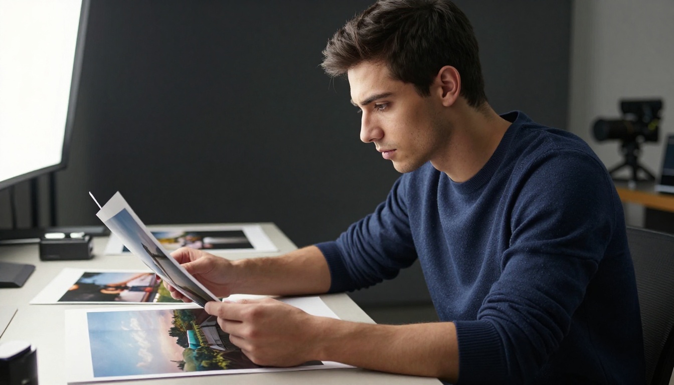 Photographer carefully reviewing large printed photos in natural light