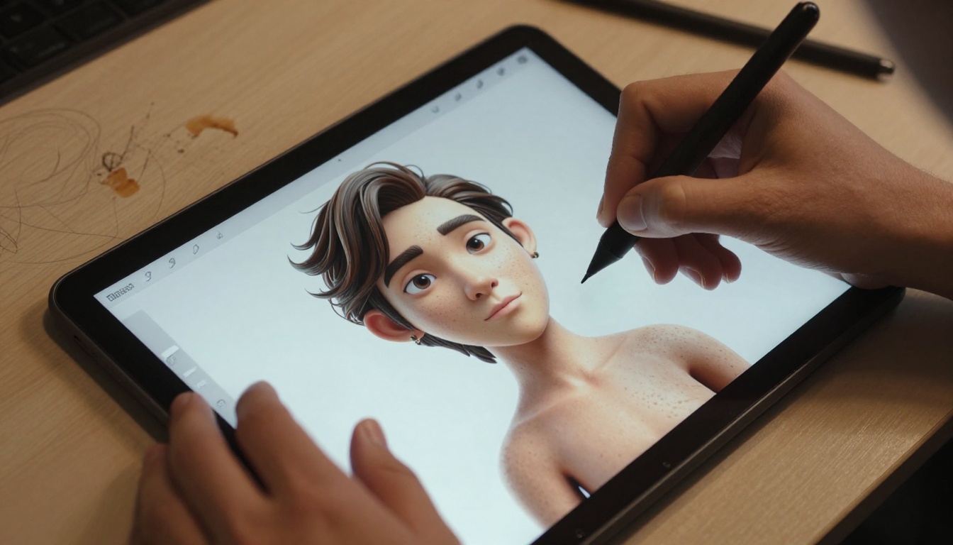 Designer's hands on a drawing tablet creating AI-generated 3D character art