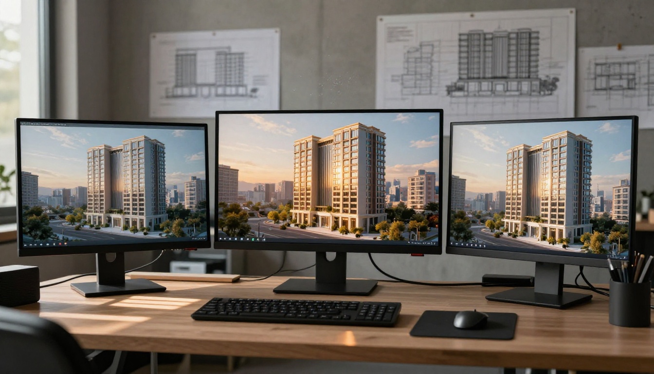 Architectural visualization studio with multiple monitors showing AI-generated 3D building models