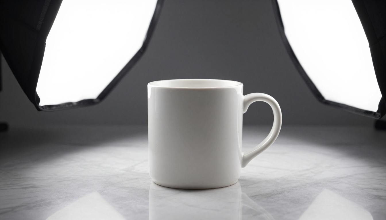 AI-generated 3D product design with ceramic prototype on marble surface