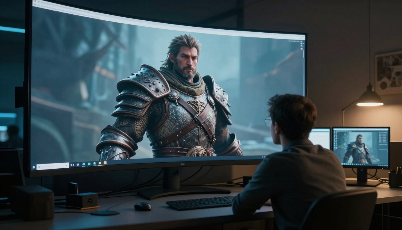 Game art director reviewing AI-generated 3D warrior character model on large curved monitor