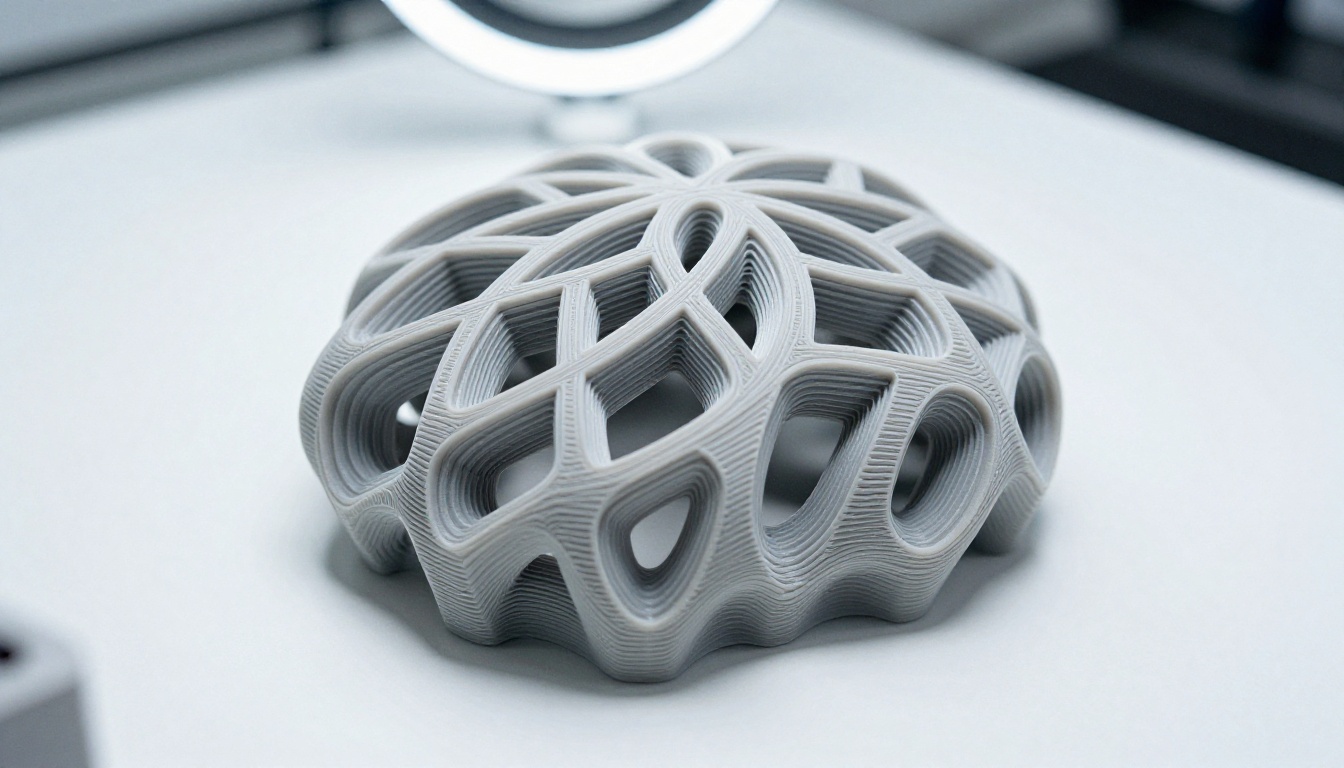 Close-up of intricate AI-designed 3D printed geometric sculpture with lattice patterns