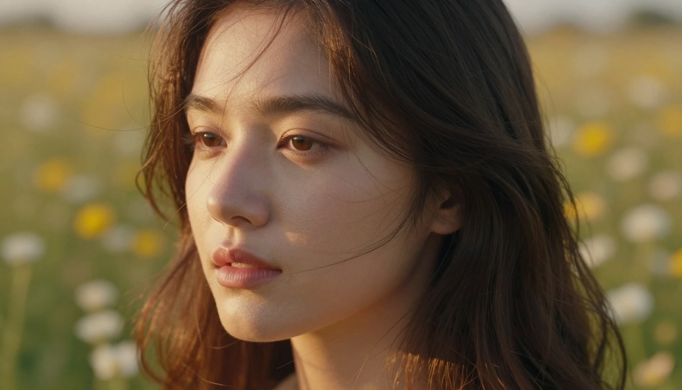 Close-up portrait showing complex hair strand edges against soft bokeh wildflower background