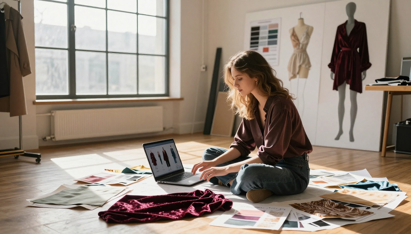 Fashion designer examining AI-generated 3D clothing models on laptop in creative studio