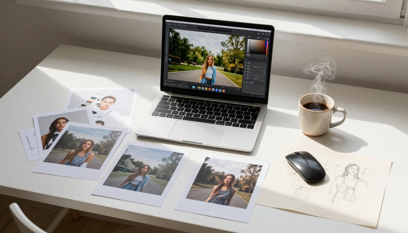 Aerial view of graphic designer workspace with photo editing before-and-after comparison on screen